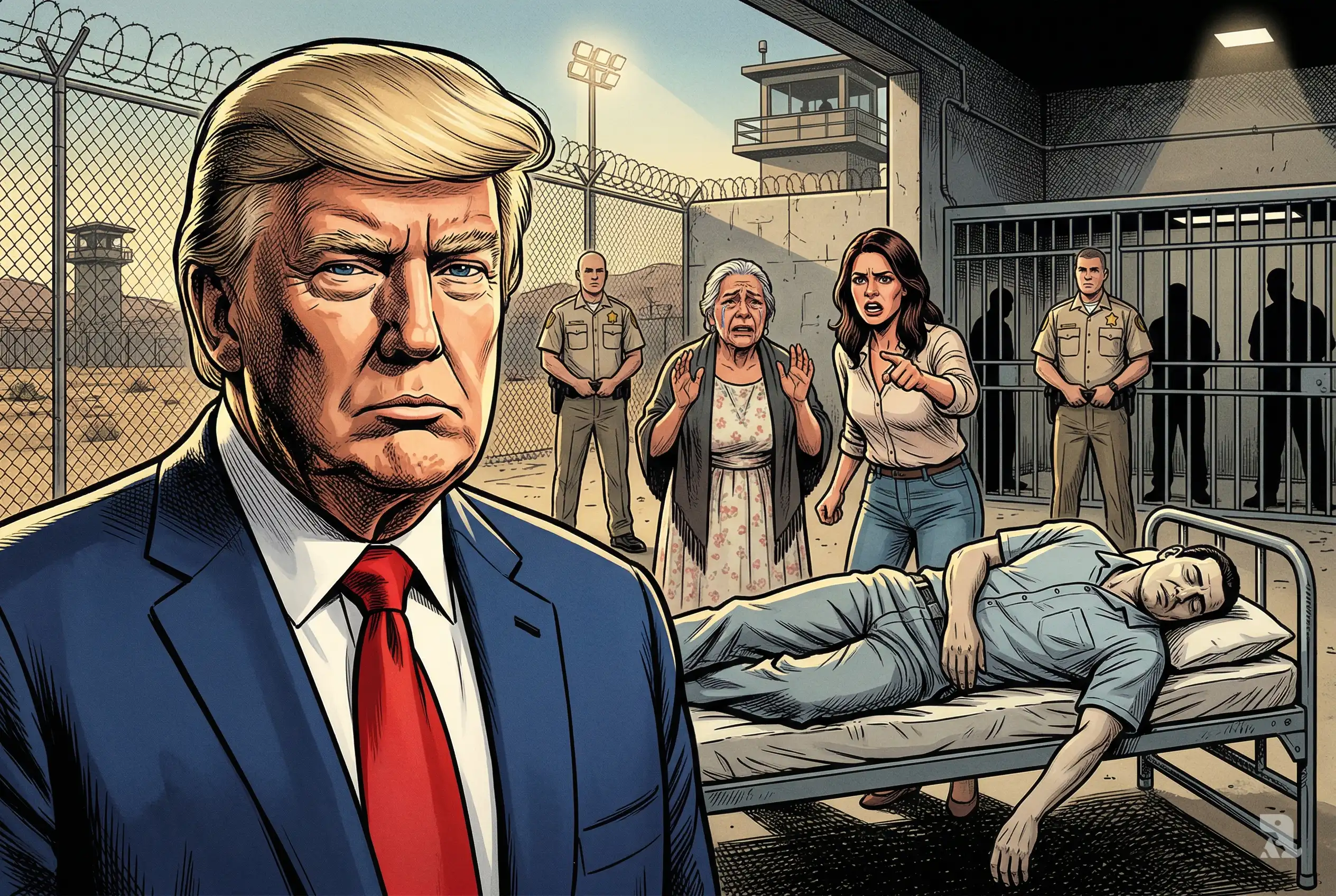 Donald Trump foreground with lifeless detainee Jose Ramos-Solano on bunk, grieving family behind, inside ICE detention facility with guards, fences, and harsh lighting.