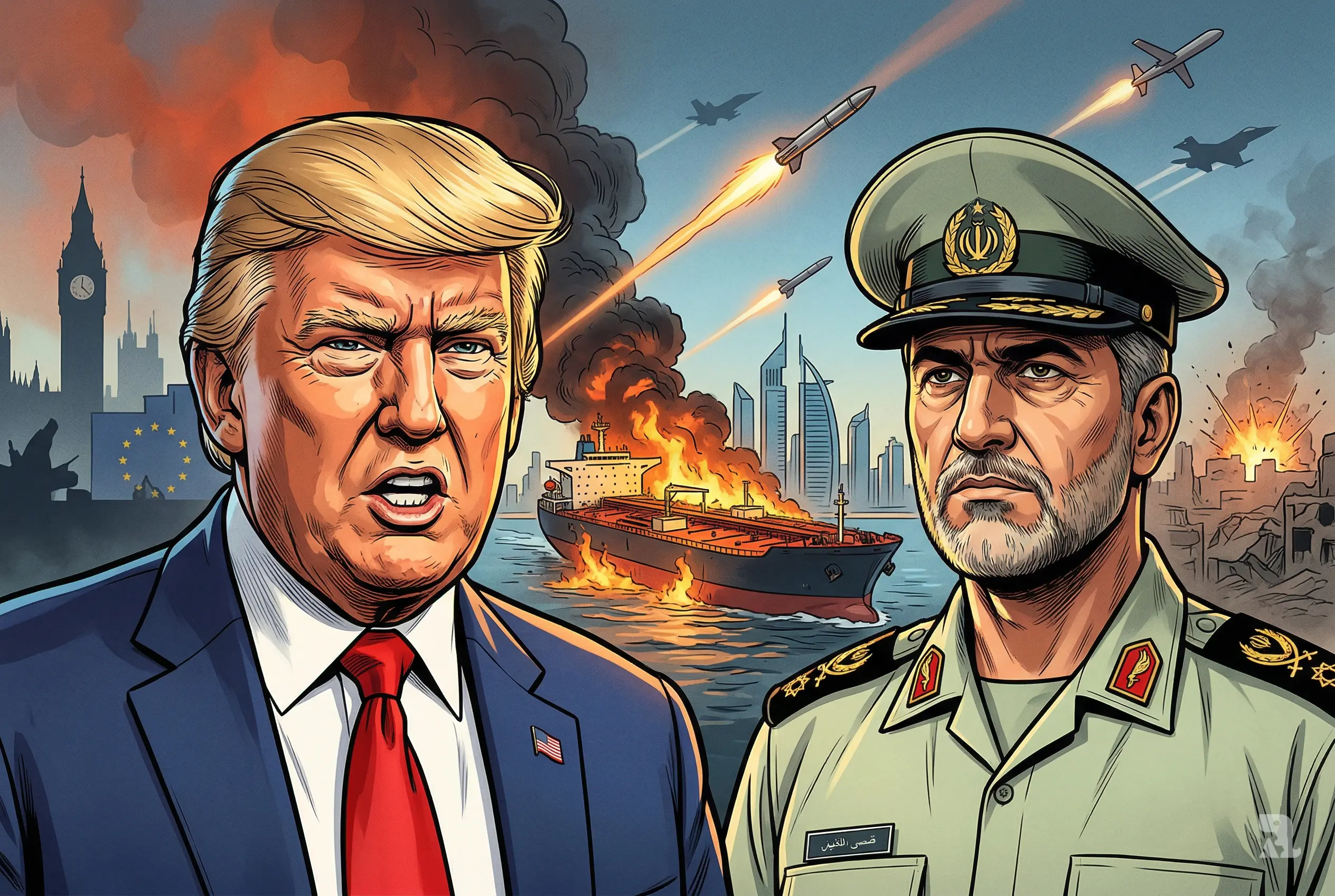 Trump confronts Iran crisis as burning oil tanker near Dubai explodes, missiles streak across skyline, symbolizing escalating conflict and global tension with Europe in shadow.