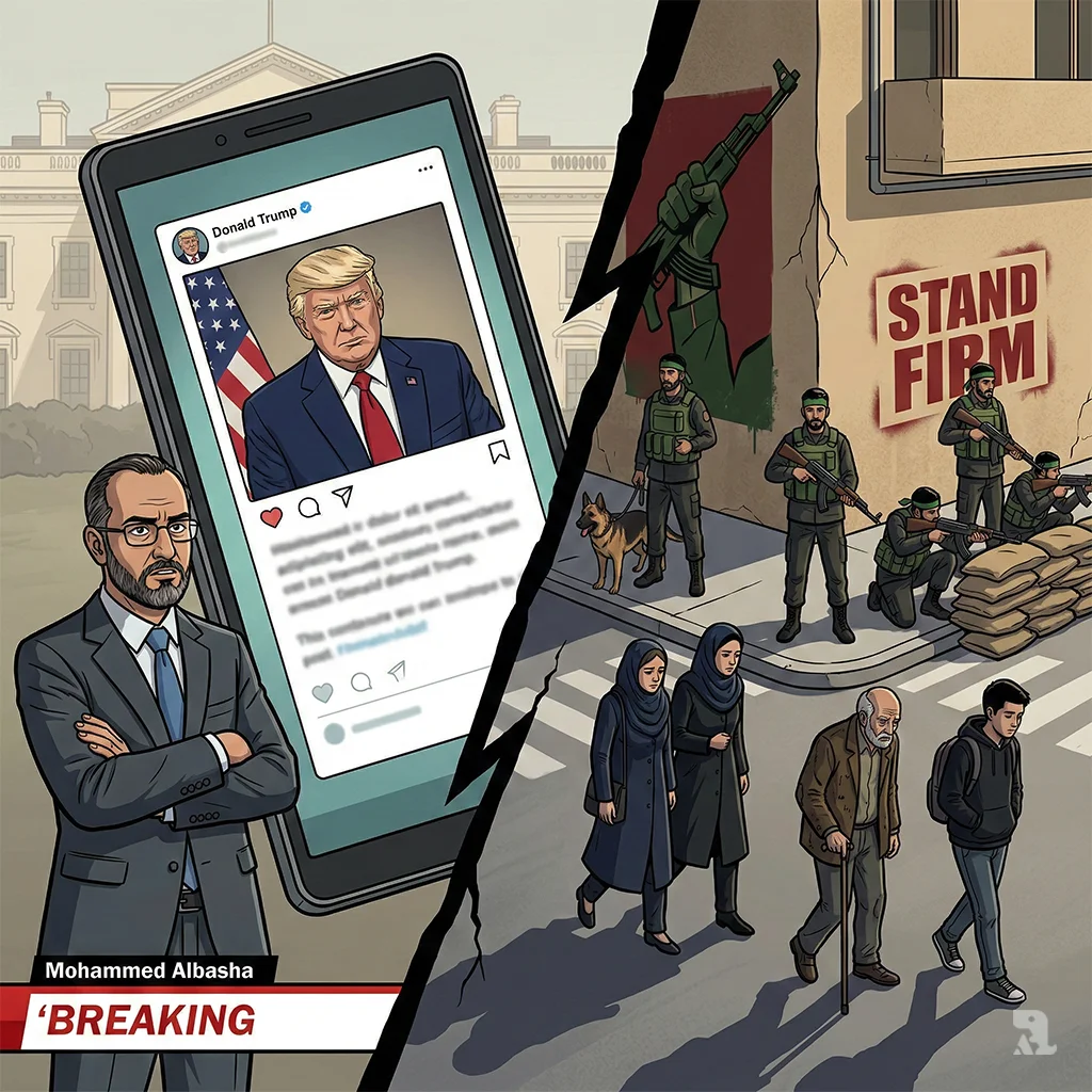 A split panel contrasts a skeptical analyst watching Trump's social media call for peace with the harsh reality of armed Basij fighters controlling terrified civilians on a Tehran street corner.