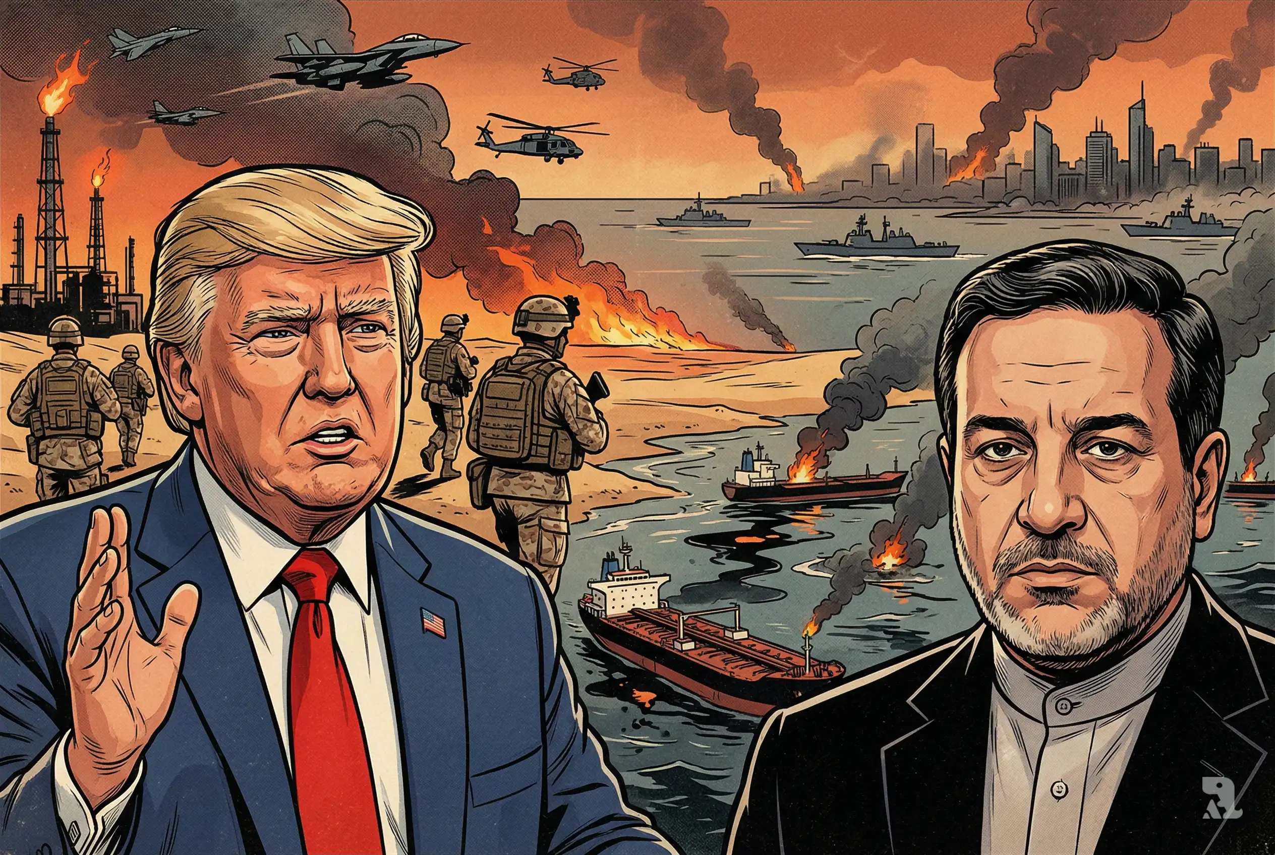 Donald Trump and Iran’s Araghchi face off as military forces advance, oil routes burn, and tension rises over escalating US-Iran war crisis.