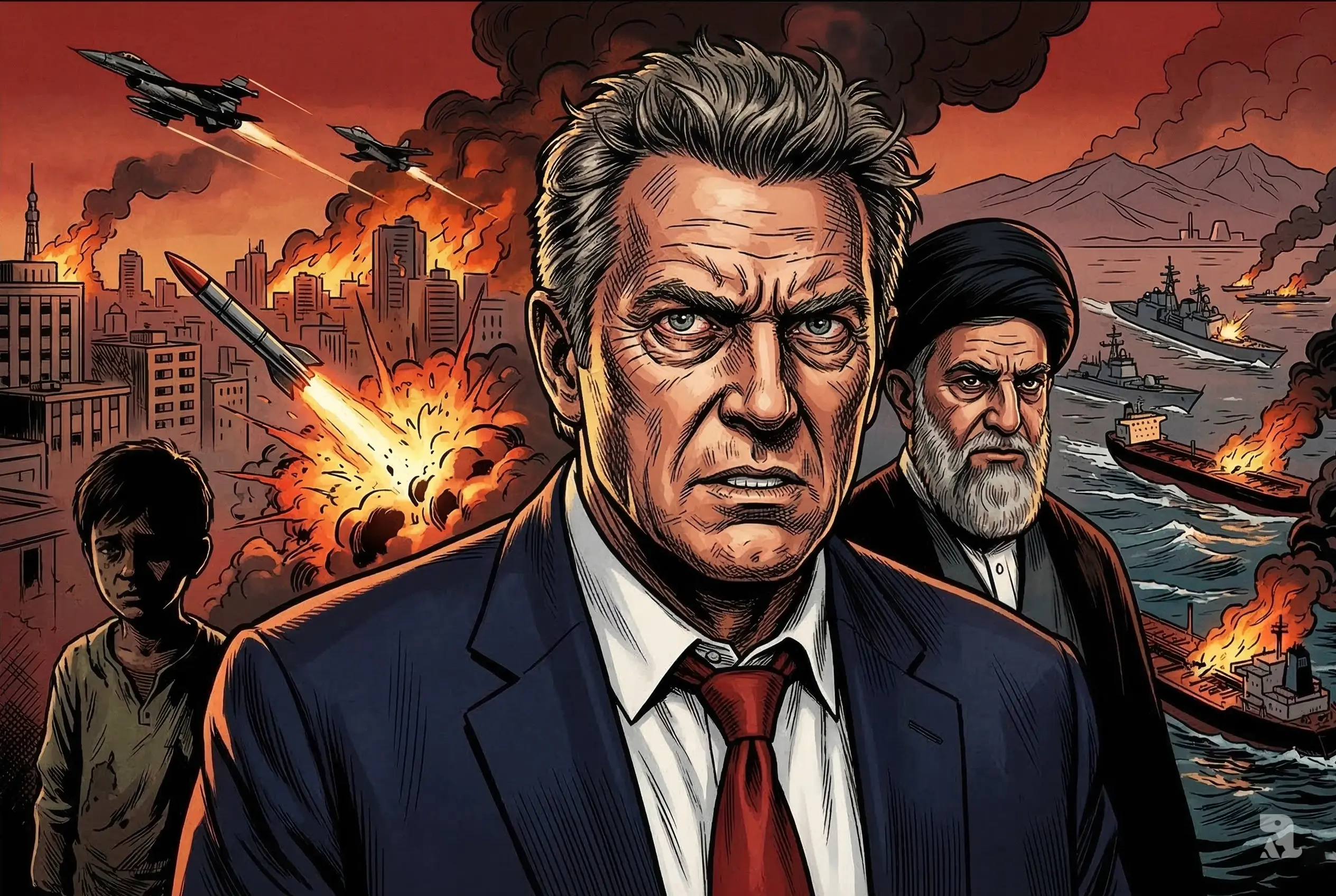 Donald Trump amid war chaos with explosions, Iranian leader figure, and burning city background, depicting escalating US-Iran conflict and global crisis tension.