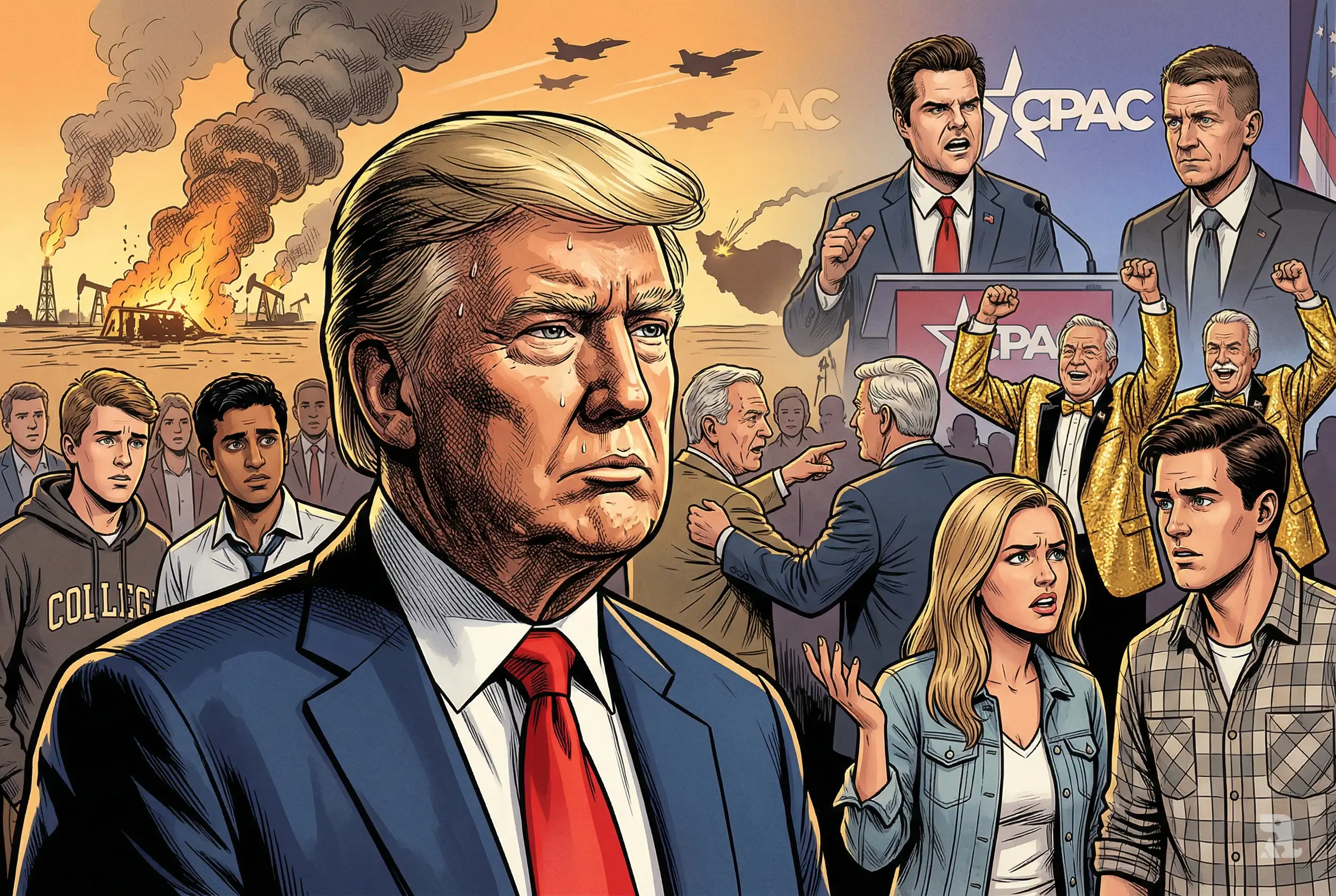 Donald Trump faces divided supporters at CPAC as young conservatives question Iran war while loyalists cheer amid fiery war backdrop and rising tensions.