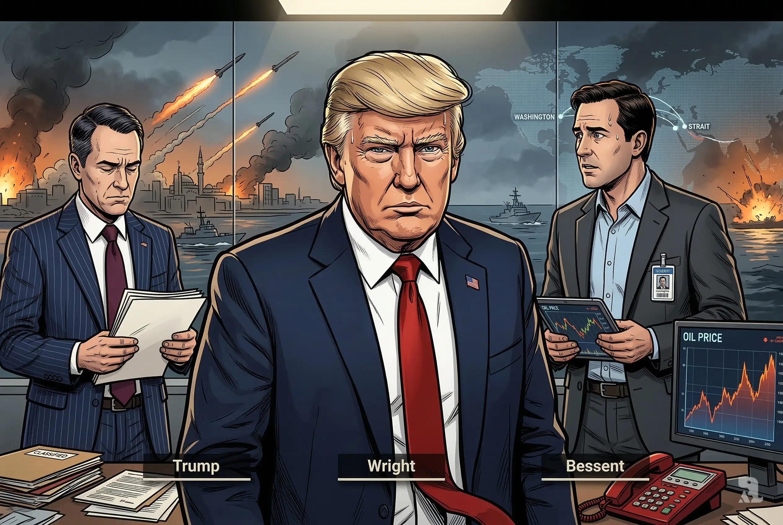 Donald Trump with advisers in White House war room as oil charts spike and missile strikes erupt behind glass, showing political decisions triggering global military and energy crisis.