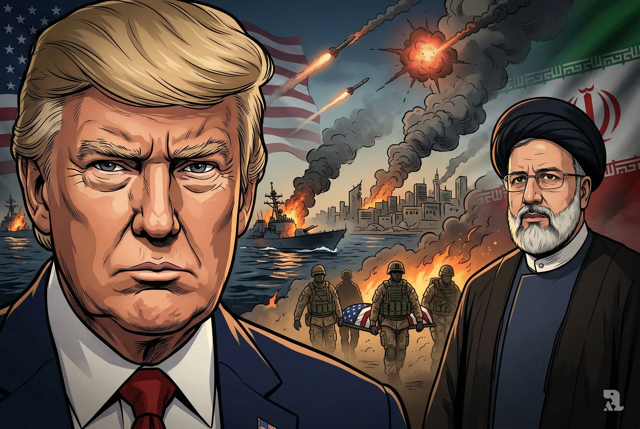 Close-up of Donald Trump and Iranian clerical leader with burning warships, missile strikes, and soldiers carrying a flag-draped stretcher in the background, cinematic war tension scene.
