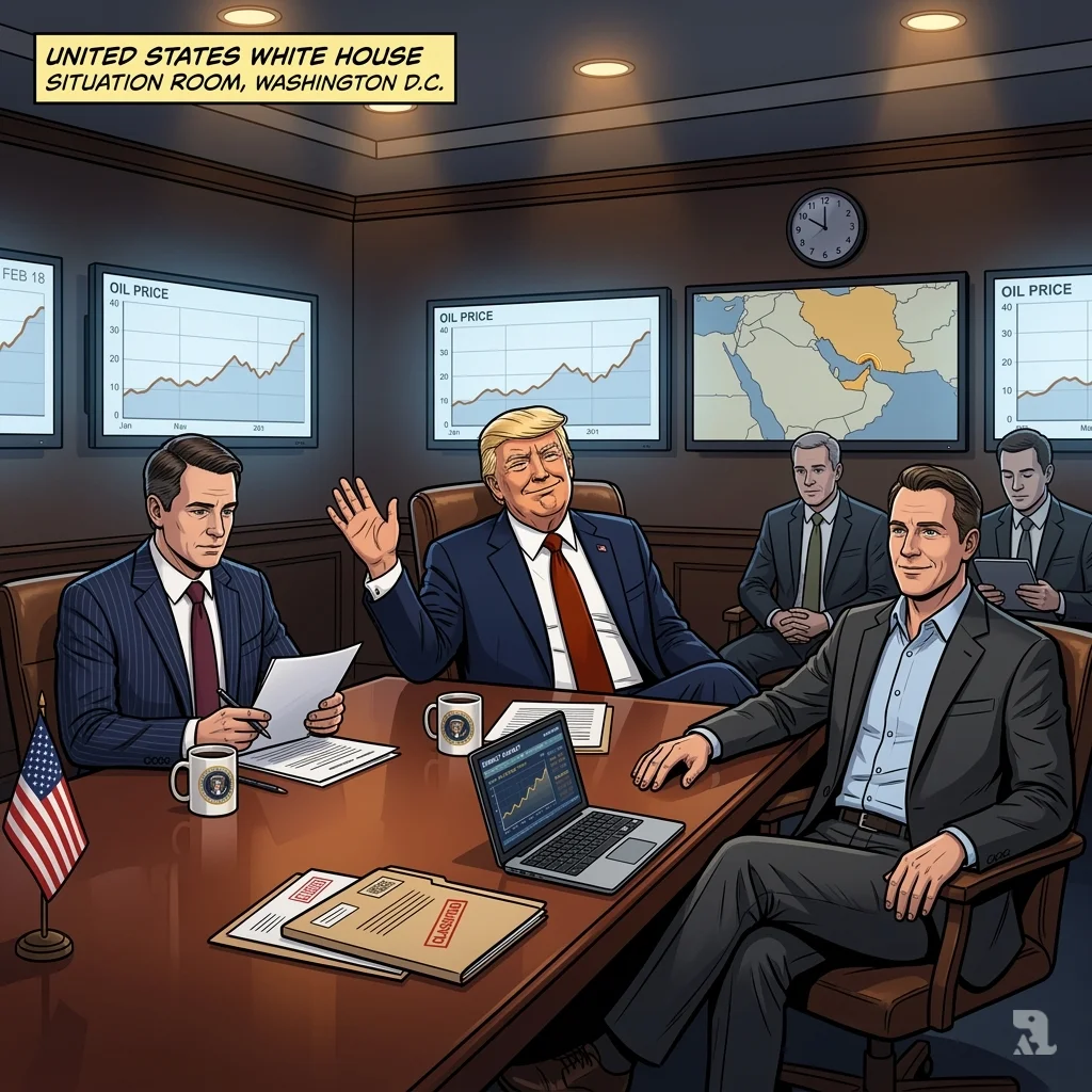 President Trump dismissively waves his hand in the White House Situation Room as oil price charts on screens foreshadow a coming crisis with Iran.