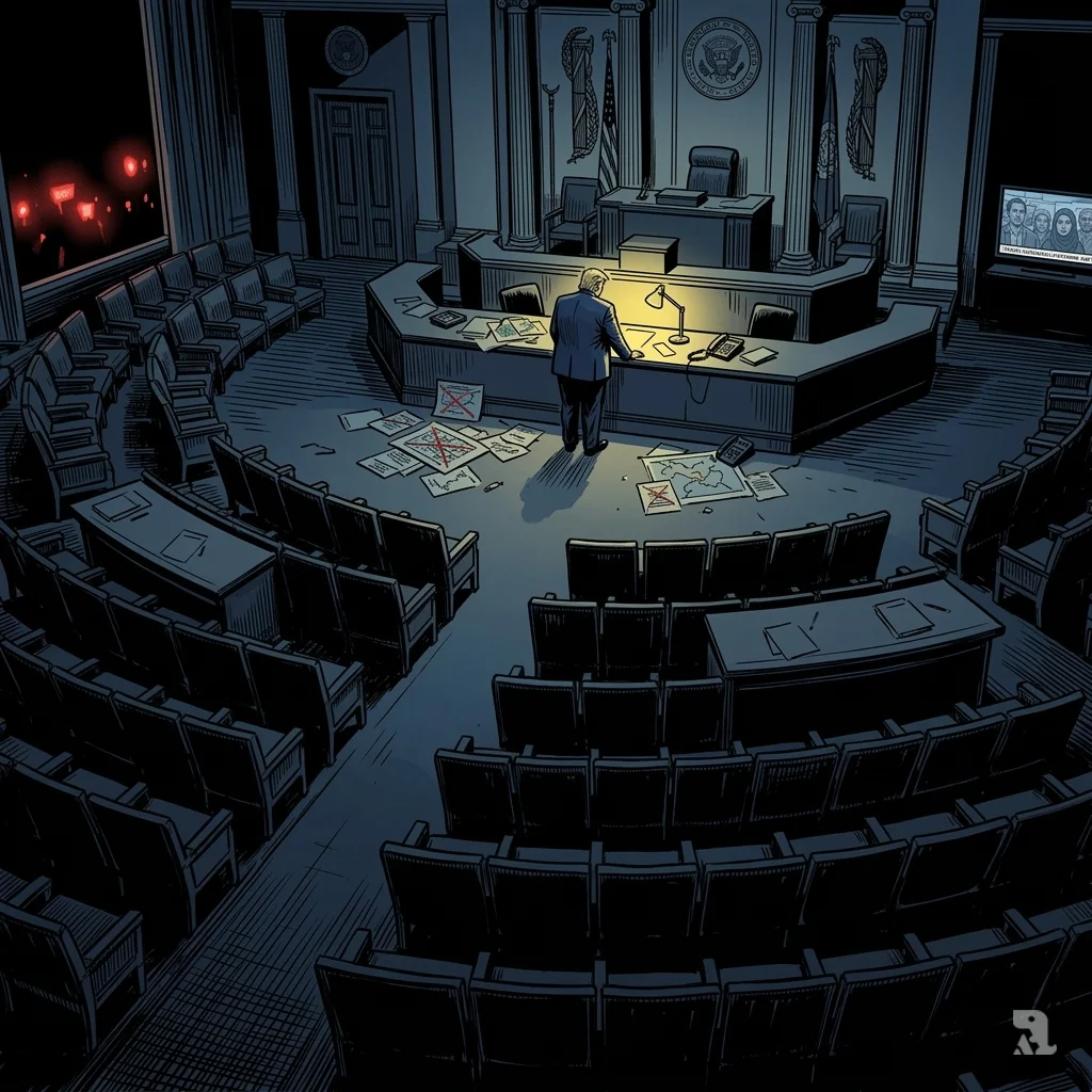 An extreme wide shot emphasizing the vast emptiness of a congressional chamber. Donald Trump stands alone, a small, isolated silhouette with his back partially turned. The rows of seats are dark and empty. The architecture of American democracy looms as a silent witness to the consequences of war launched without foundation.