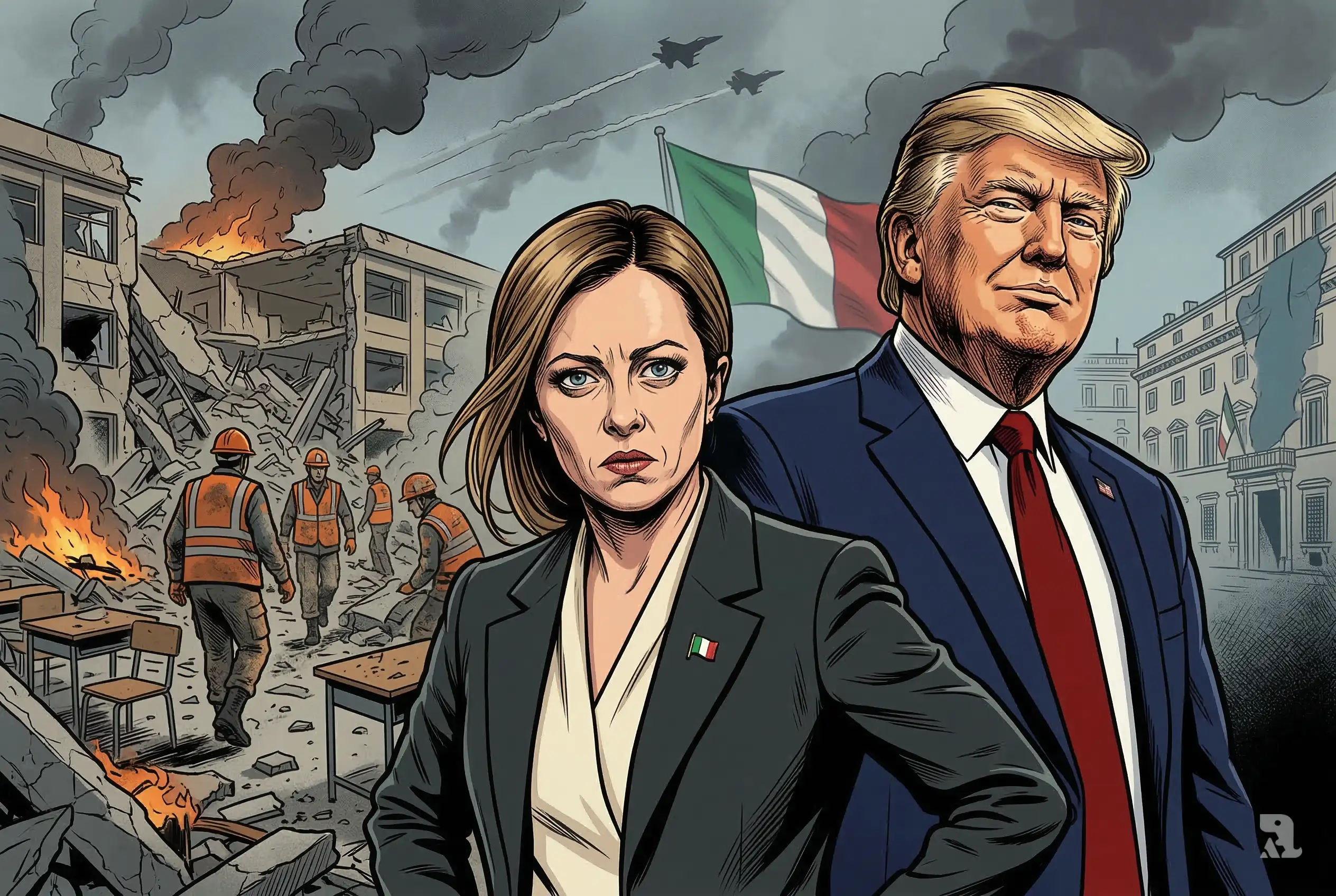 Giorgia Meloni and Donald Trump shown in tense medium close-up as smoke rises from a destroyed Iranian school behind them, symbolizing political fallout from the Iran strike crisis.