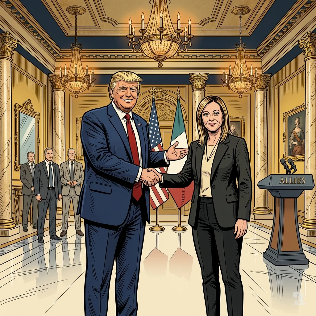 Donald Trump and Italian Prime Minister Giorgia Meloni share a warm handshake at the Mar-a-Lago resort in Florida. They stand side-by-side in a grand gilded hall with American and Italian flags behind them, smiling at the camera in a display of political alliance.