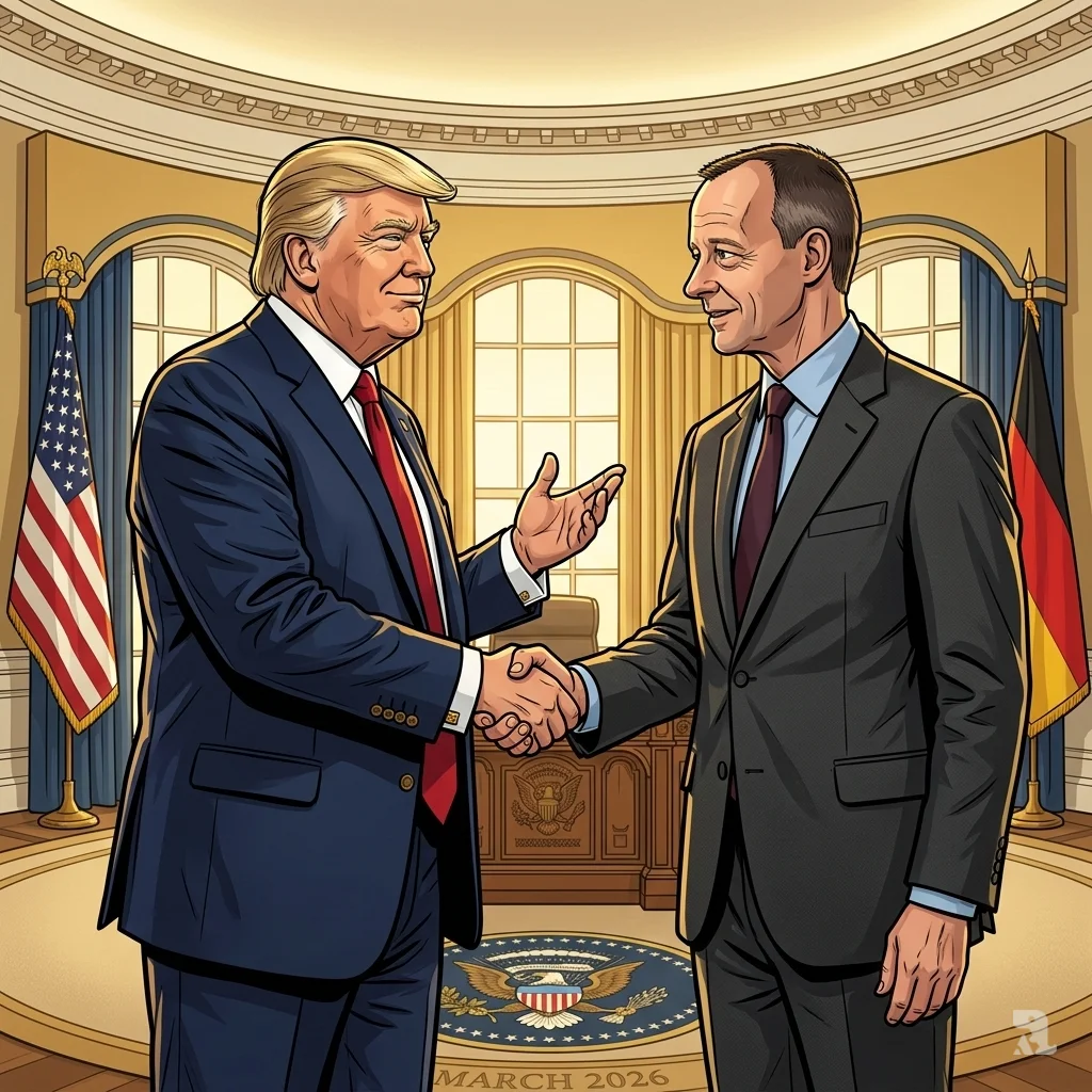 US President Trump and German Chancellor Merz shaking hands in Oval Office with American and German flags, symbolizing alliance in Iran conflict.