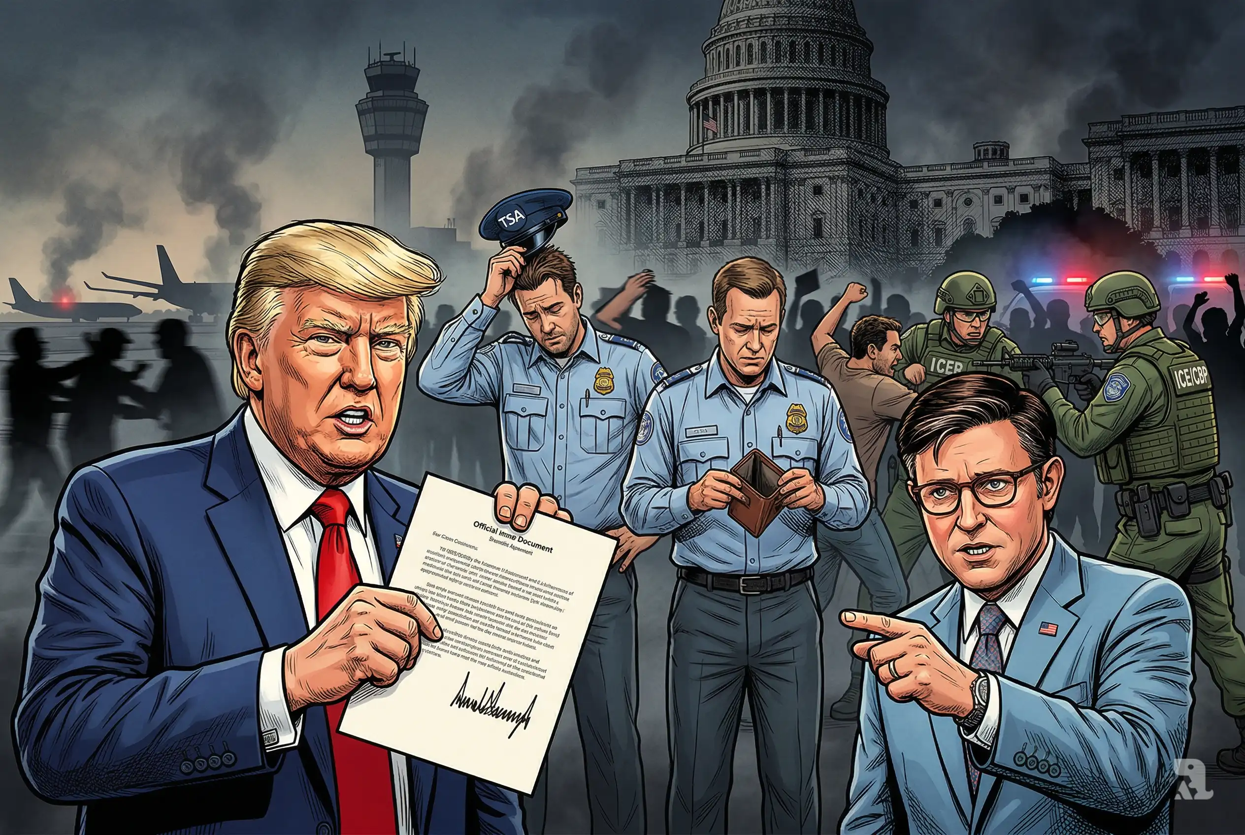 Donald Trump and Mike Johnson dominate foreground as TSA workers stand unpaid behind them, while armed agents and protesters clash near the U.S. Capitol.