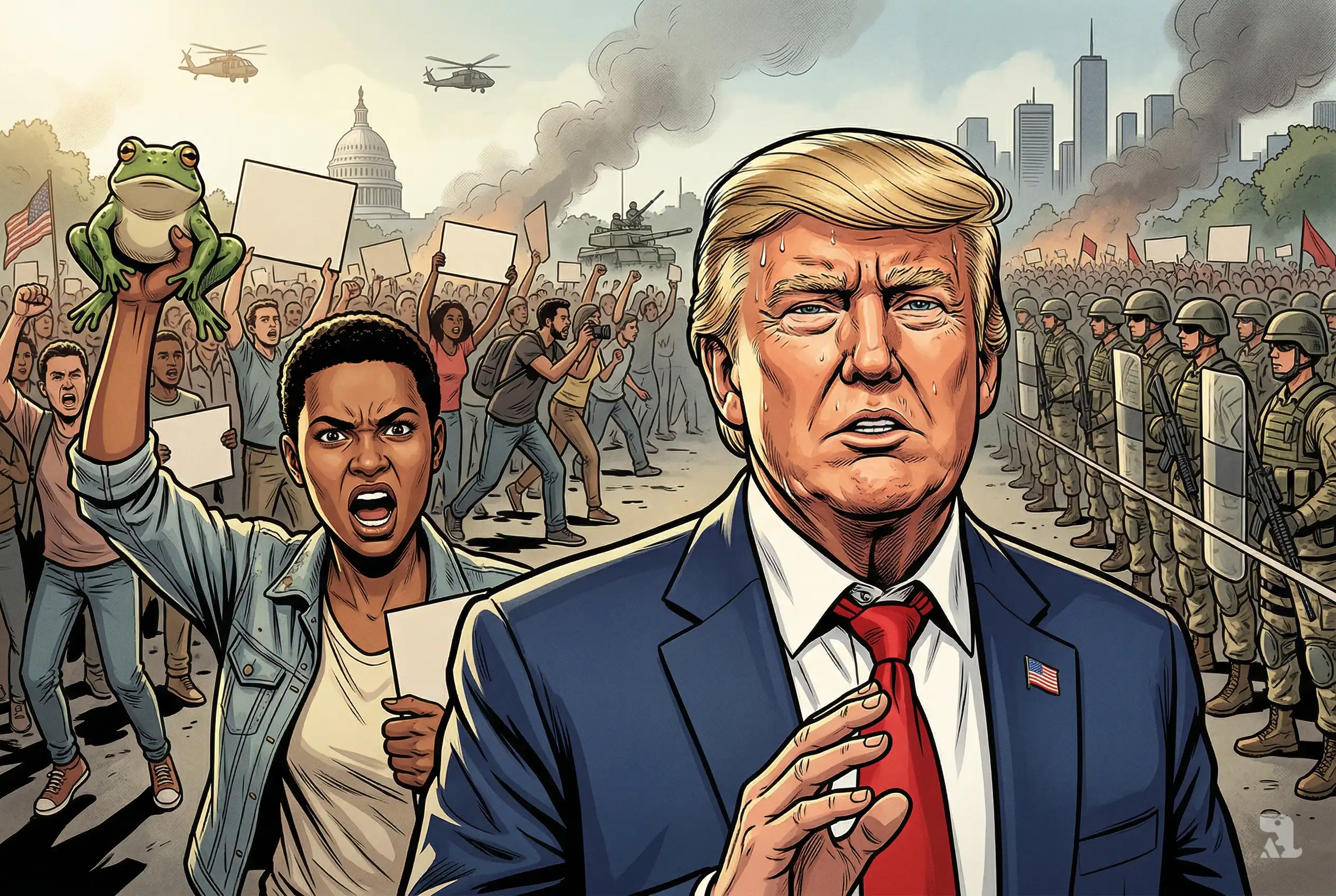Donald Trump foreground with tense expression as massive nationwide protests and National Guard face off, crowds marching with raised fists and resistance symbols across America.