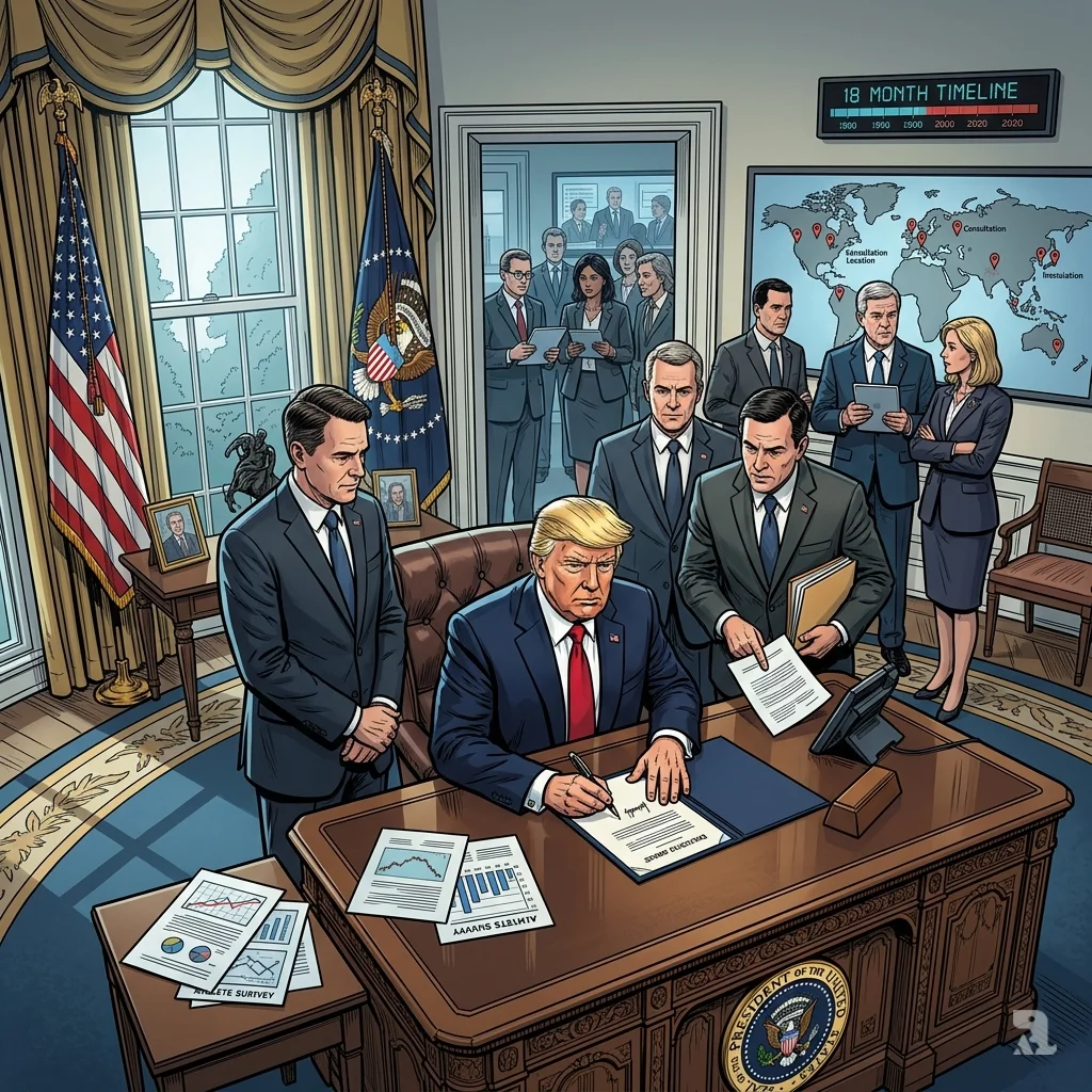 President signs an executive order in the Oval Office as IOC officials and advisors observe from the background.