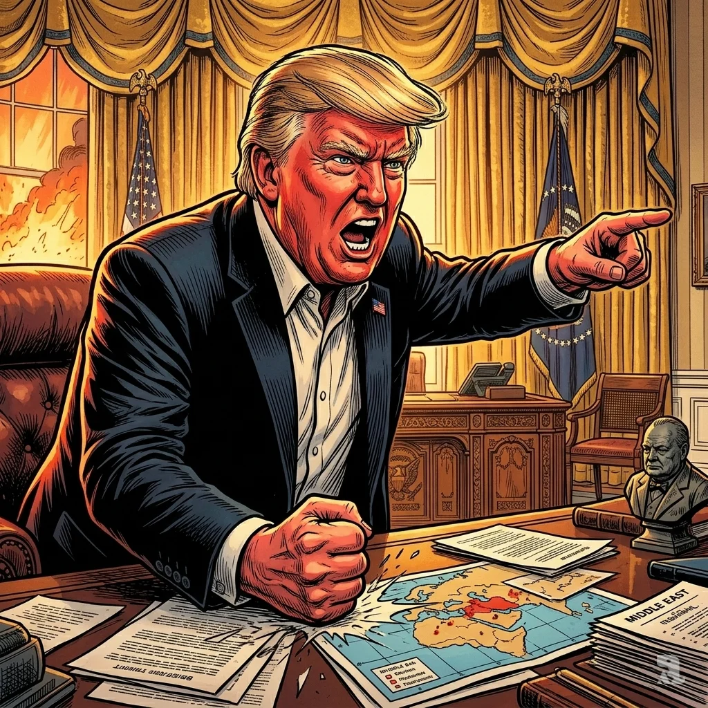 President Trump shouts in the Oval Office, his fist slammed on the Resolute Desk while gesturing angrily toward Europe amid rising Middle East tensions.