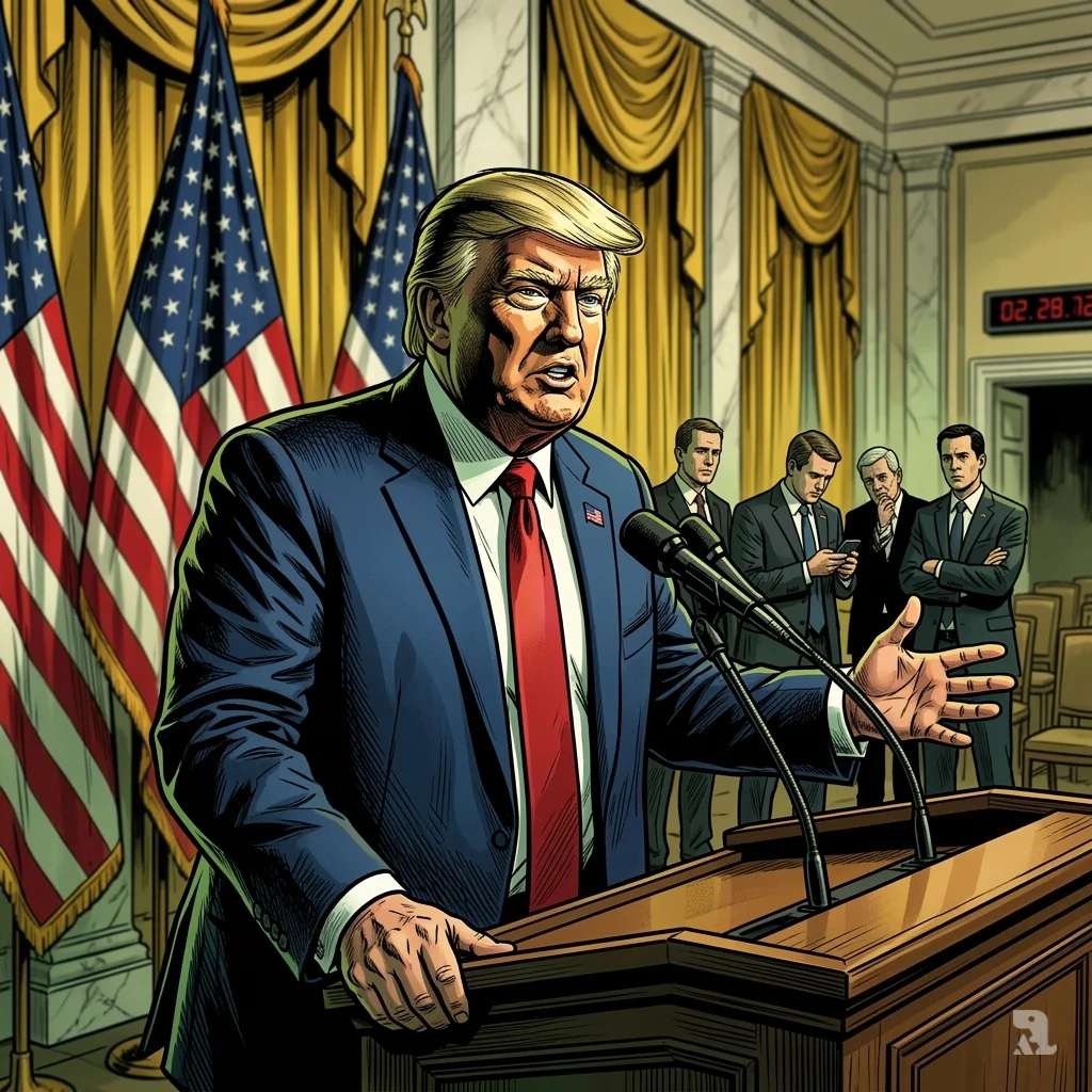Donald Trump stands at a presidential podium, his face in stark split-lighting that suggests instability. He grips the edge with white-knuckled hands. Behind him, a small cluster of aides in suits shift uncomfortably, their anxious body language and tense expressions undermining his aggressive certainty.