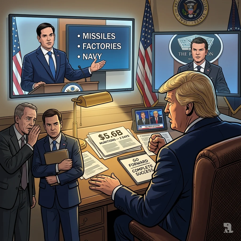Seen from behind, a conflicted President Trump watches advisers Rubio and Hegseth on screens, highlighting internal White House divisions on war goals.