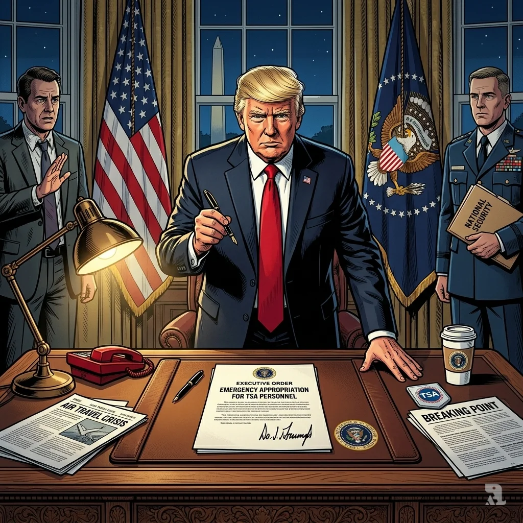 President Trump at Resolute Desk, pen in hand, signing executive order for TSA funding; Oval Office at night.