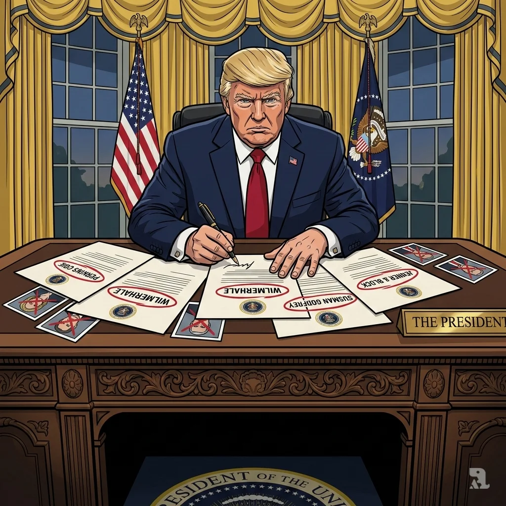 President Trump angrily signs executive orders targeting law firms Perkins Coie and WilmerHale at the Resolute Desk in the Oval Office.