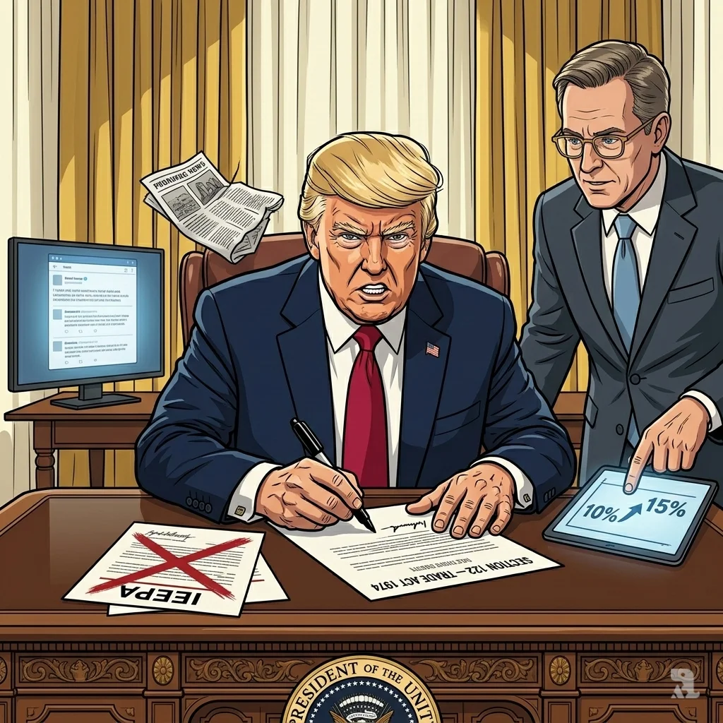 An angry President Trump signs new Section 122 tariffs at the Resolute Desk while Treasury Secretary Bessent points to a chart showing rates rising to 15 percent.