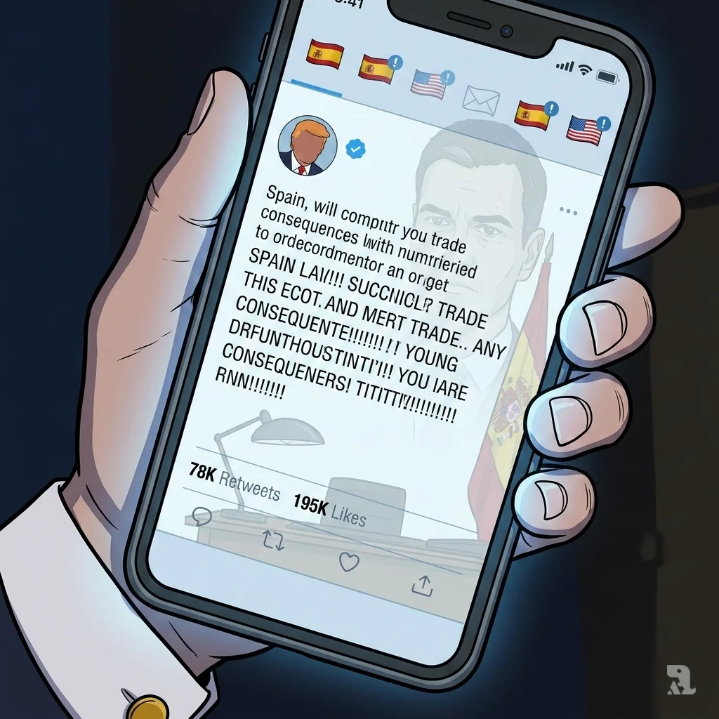 Close-up of a smartphone displaying President Trump's social media post threatening to cut trade with Spain over Madrid's opposition to the Iran conflict.
