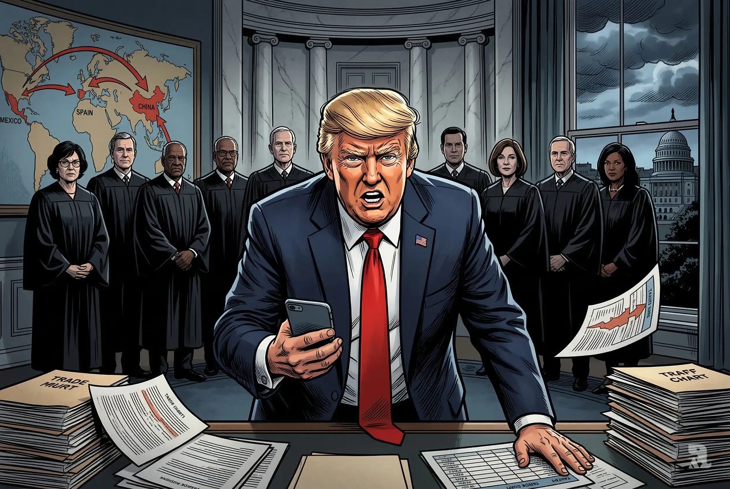 Donald Trump angrily leaning over the Oval Office desk while shadowy US Supreme Court justices loom behind him, symbolizing a political clash over tariffs and presidential authority.