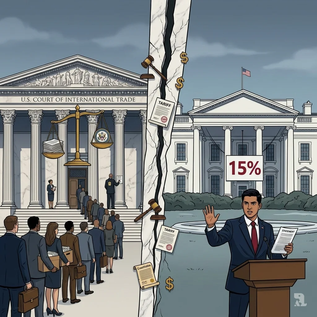 A split view shows the US Court of International Trade and the White House divided by a crack, symbolizing the constitutional showdown over Trump’s tariff authority and refunds.