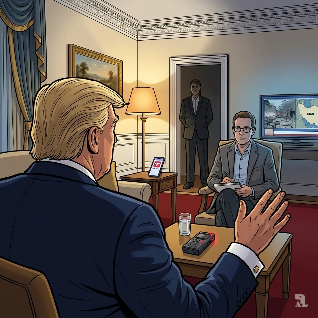 Over-the-shoulder shot of Donald Trump in the White House, gesturing to an interviewer, with a recording device on the table between them.