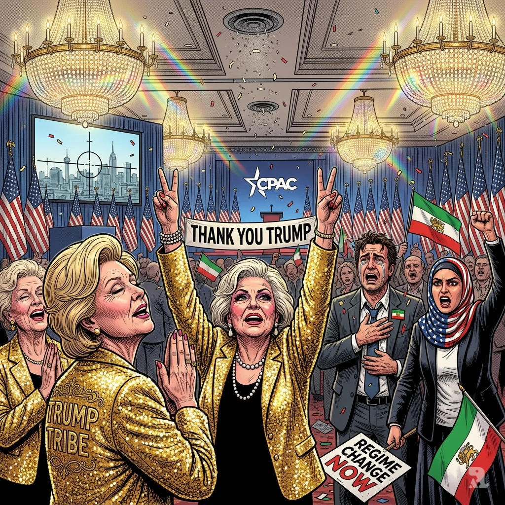 Women in gold sequined jackets stand with Iranian-American attendees waving pre-revolutionary flags at CPAC, celebrating against a backdrop of crosshairs.