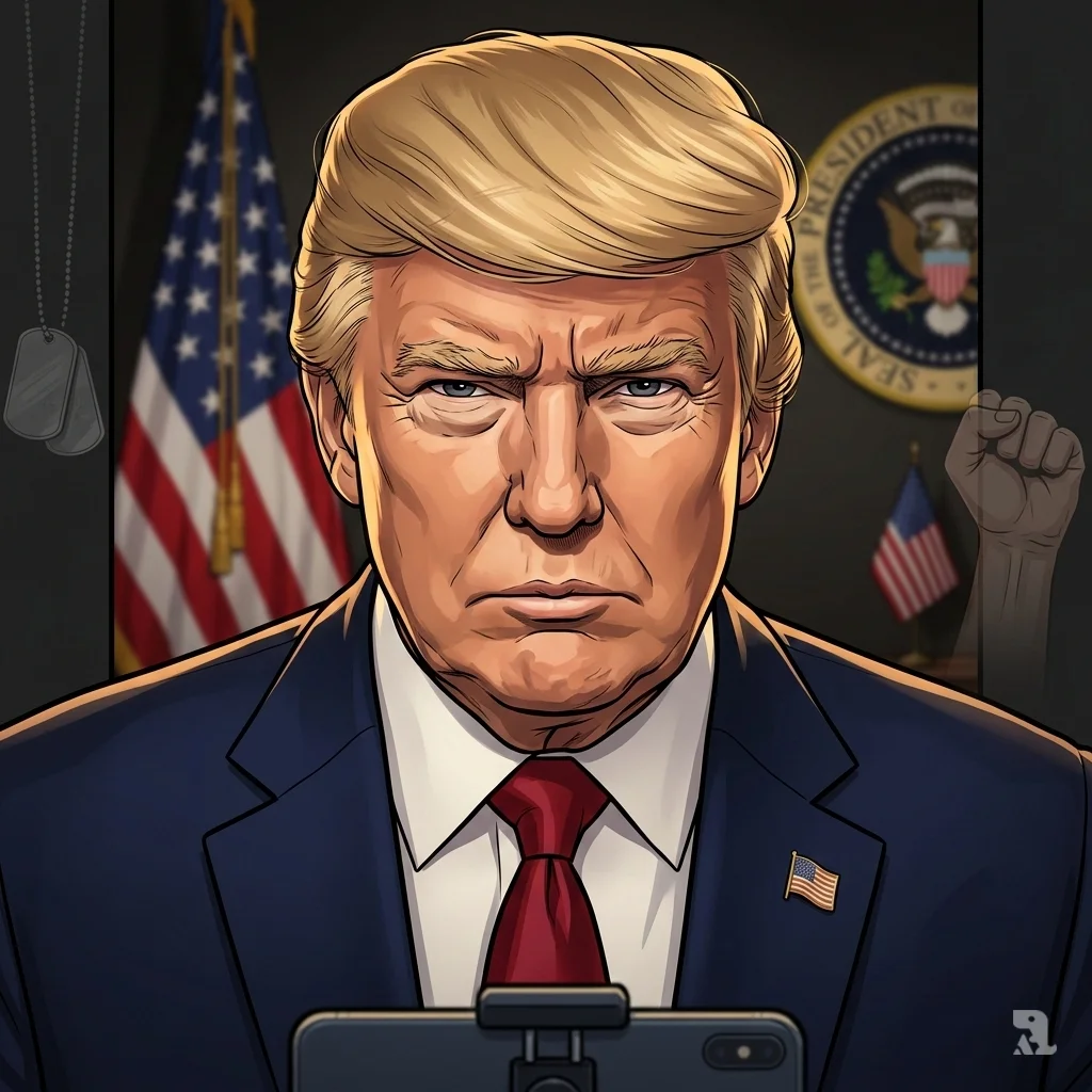Intense close-up of Donald Trump's face as he records a video, with an American flag behind him and faint ghostly overlays of dog tags and a fist.