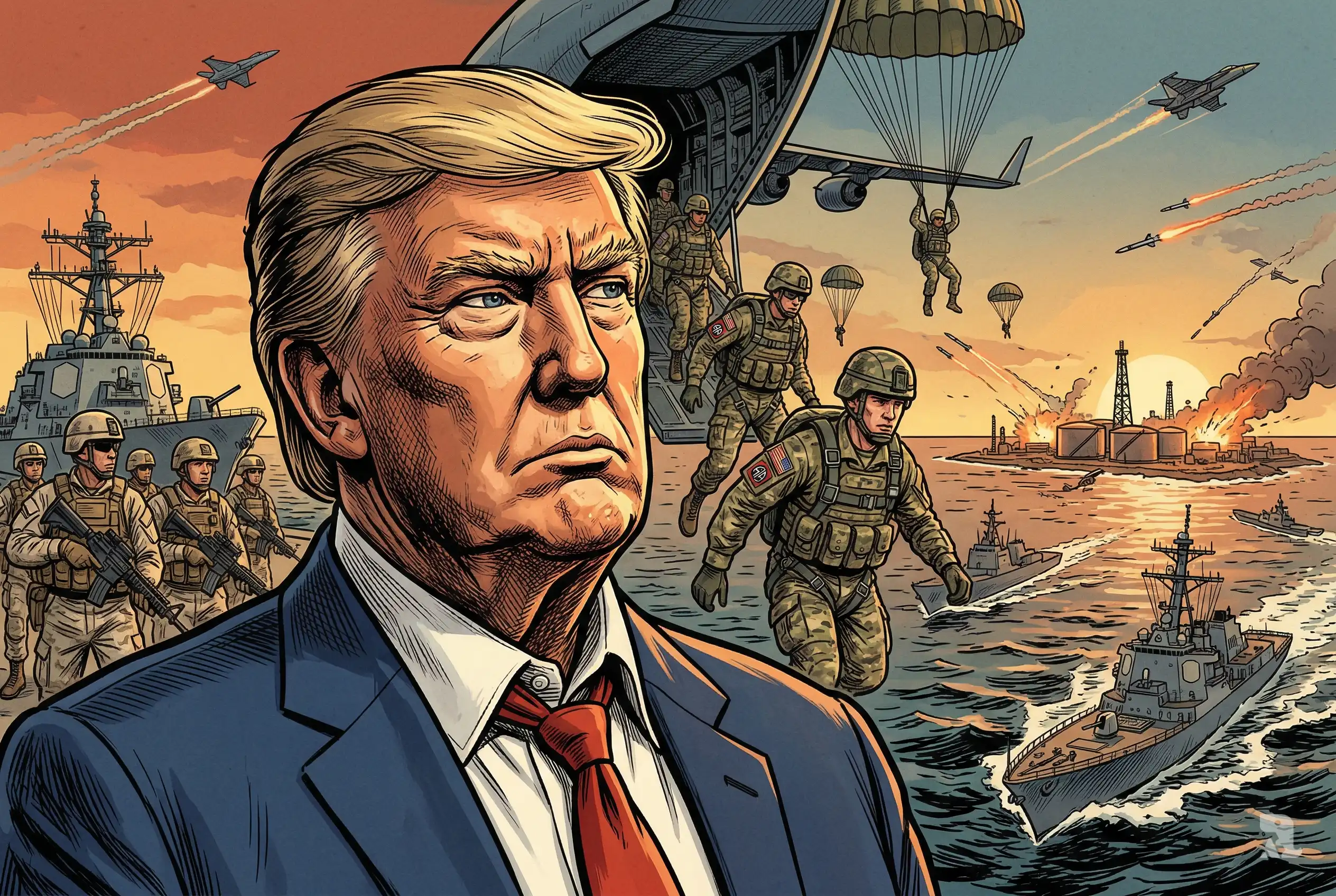 Donald Trump foreground with tense expression as U.S. paratroopers deploy and warships advance toward Kharg Island amid explosions, drones, and escalating Iran conflict.