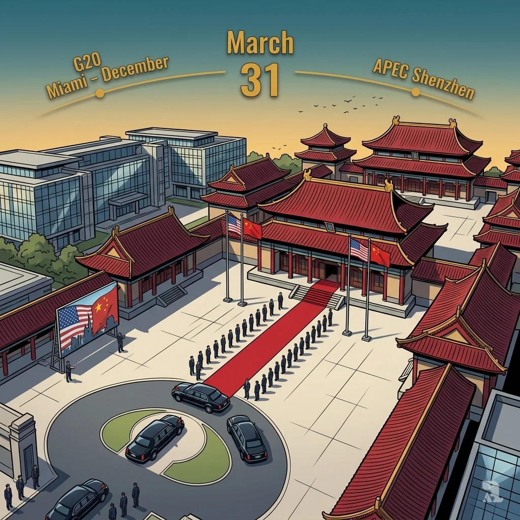 Aerial overview of Beijing diplomatic complex preparing for Trump-Xi 2026 summit, red carpet unrolling amid pagoda roofs, limousines, and floating calendar dates for March 31 China trip and G20 APEC meetings.