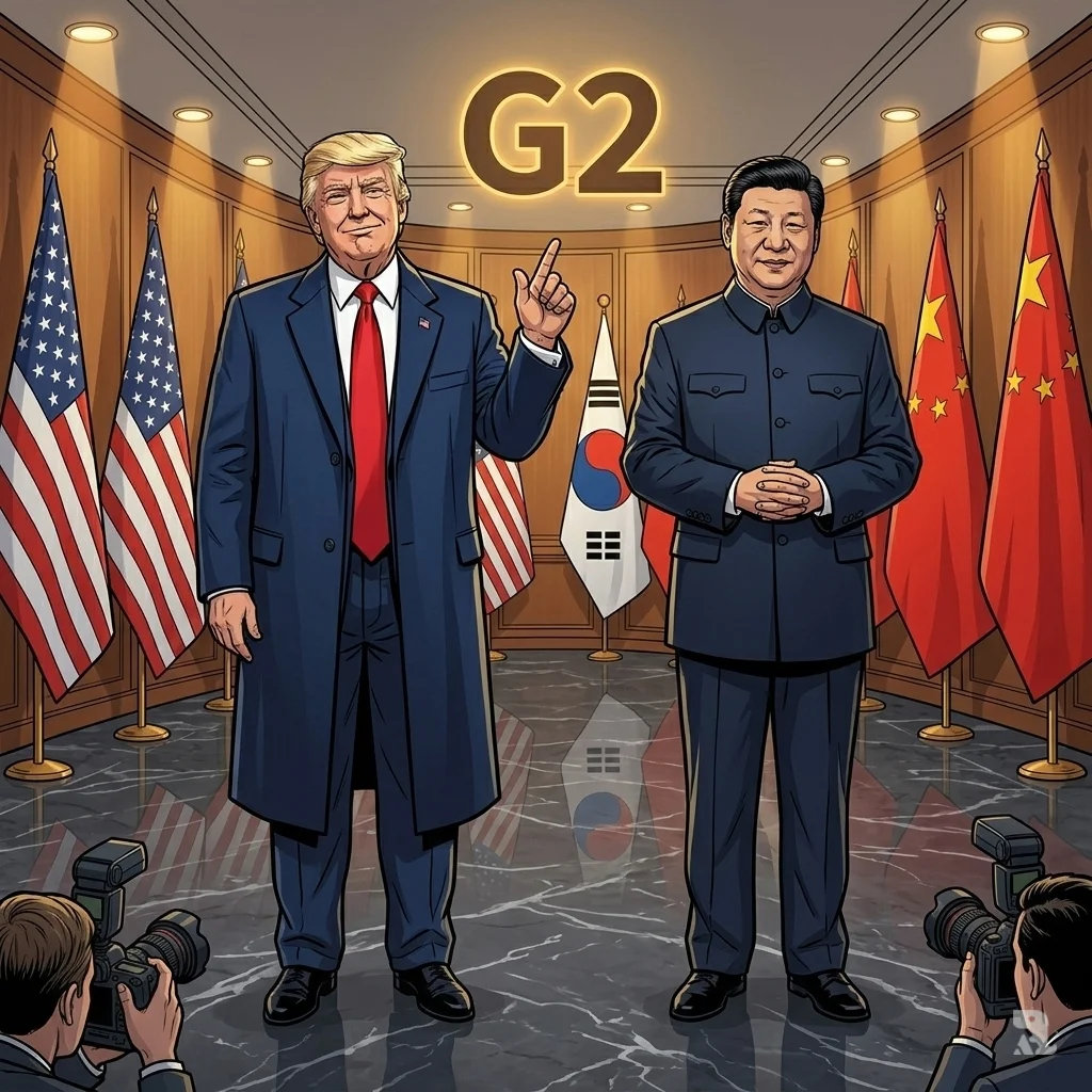Low-angle shot of Presidents Trump and Xi Jinping in South Korea diplomatic room, Trump pointing assertively as "G2" glows between them amid U.S. and Chinese flags, symbolizing revived U.S.-China global partnership.