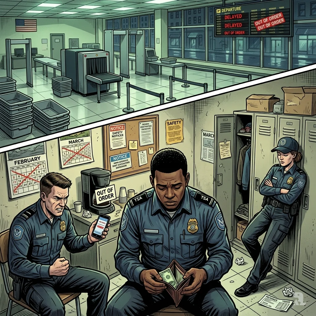 Abandoned airport TSA checkpoint above; exhausted uniformed officers sit in break room, one holds empty wallet.