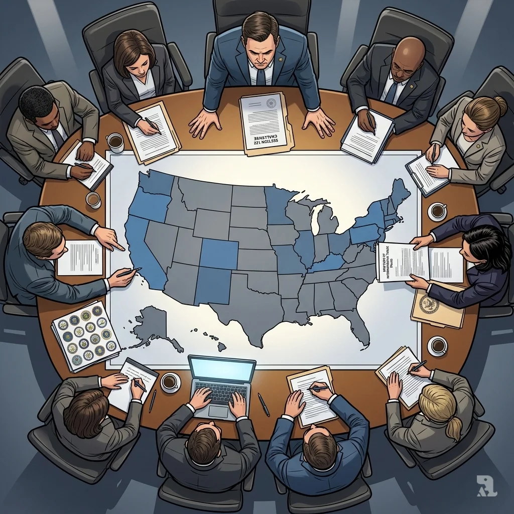 Aerial view of state attorneys general gathered around a US map, with 24 states highlighted in blue, planning their legal challenge against Trump's tariffs on March 5.