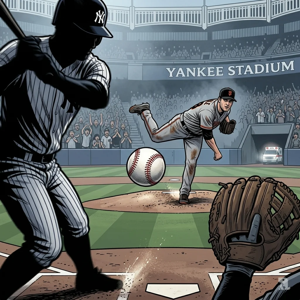 Yankee Stadium. Tyler Mahle delivers a pitch as Ben Rice swings. Baseball frozen mid‑air. Ambulance waits in tunnel.