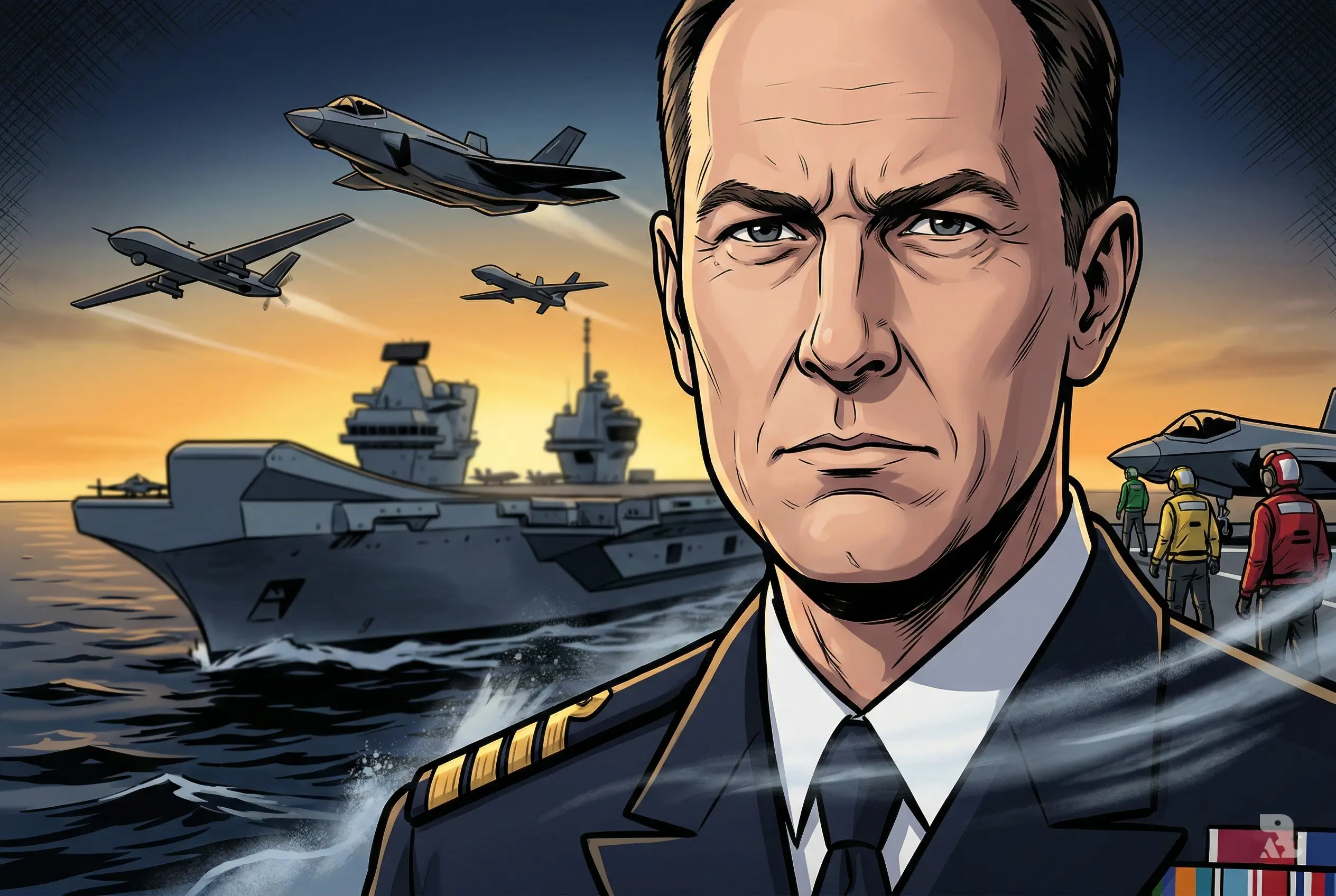 Royal Navy officer close-up with aircraft carrier and hybrid drone jet formation at sunset.