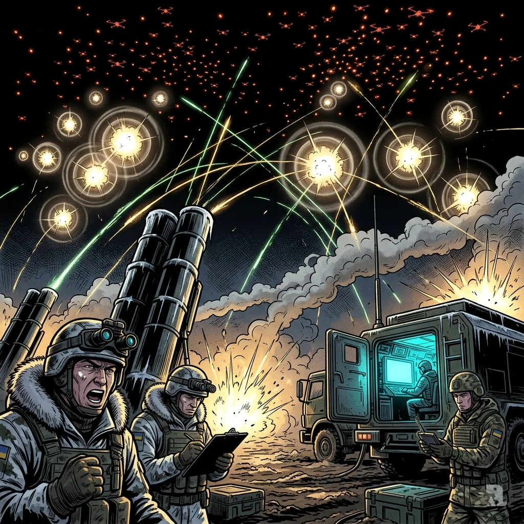 Low-angle view of a night sky filled with drone lights and explosions above silhouetted air defense missile launchers.
