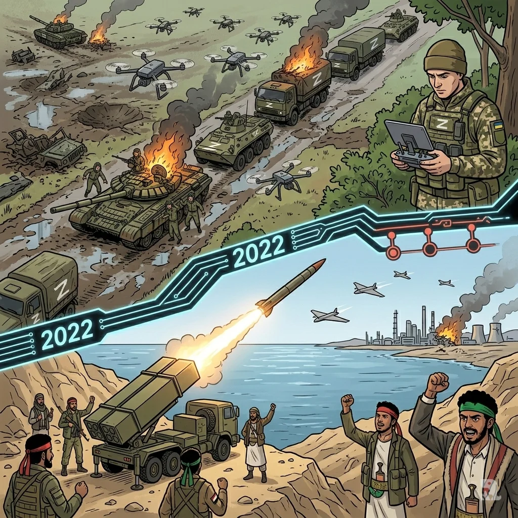 Aerial split-view modern asymmetric warfare: Ukrainian drones swarm stalled Russian tanks on muddy battlefield causing explosions; Yemen Houthi missile launch targets Saudi refineries across Red Sea, circuit timeline connects 2022 Ukraine innovation to proxy drone threats.