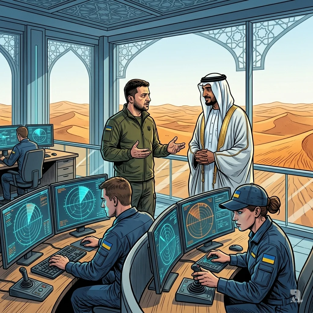 Zelenskyy speaks with the UAE president as Ukrainian technicians monitor drone defense systems on screens in a high-tech Abu Dhabi facility.