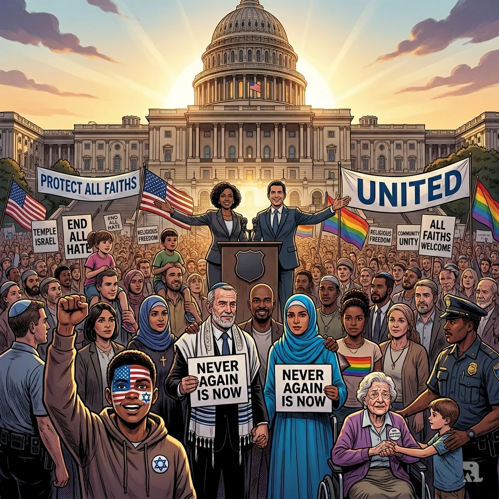 A wide shot of a massive, diverse crowd gathered before the U.S. Capitol, holding signs that read "Protect All Faiths" during a unity rally.