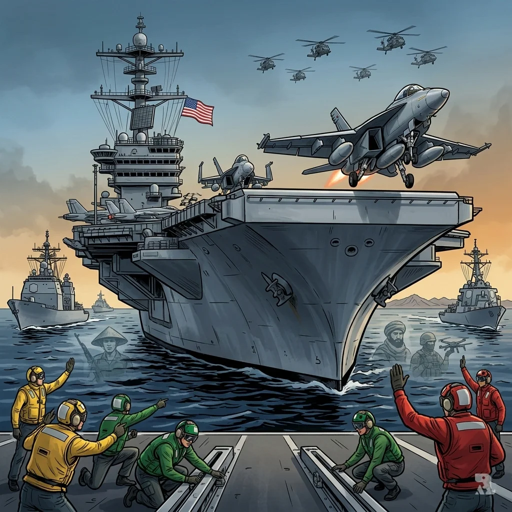 Low-angle view of towering U.S. aircraft carrier in Persian Gulf launching F/A-18 jets amid escort ships and helicopters; distant Iranian coastline silhouette contrasts vulnerability, subtle wave reflections of historical guerrilla fighters hinting at asymmetric threats.