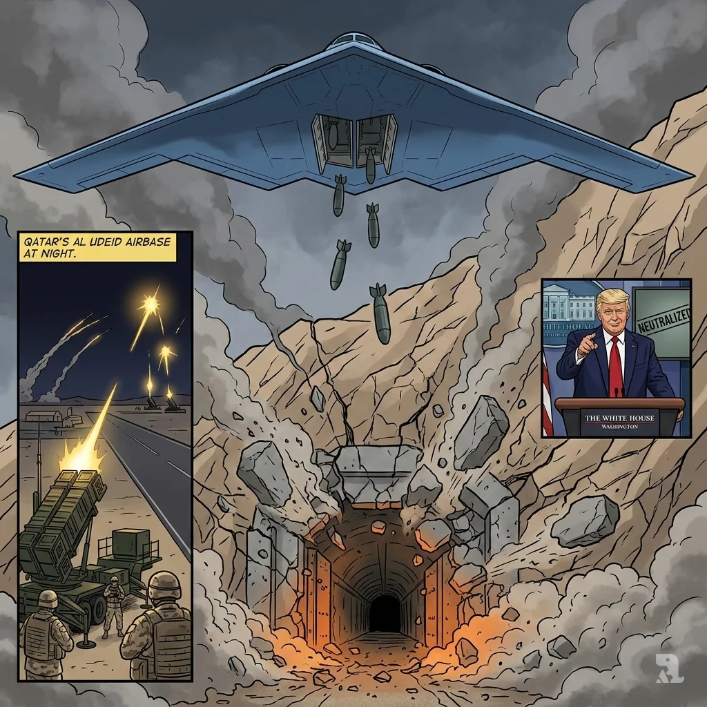 A low-angle shot of a US B-2 bomber dropping bunker-buster bombs on Iran's Fordow facility. A split scene shows interceptions over Qatar's Al Udeid Airbase and Trump at a podium.