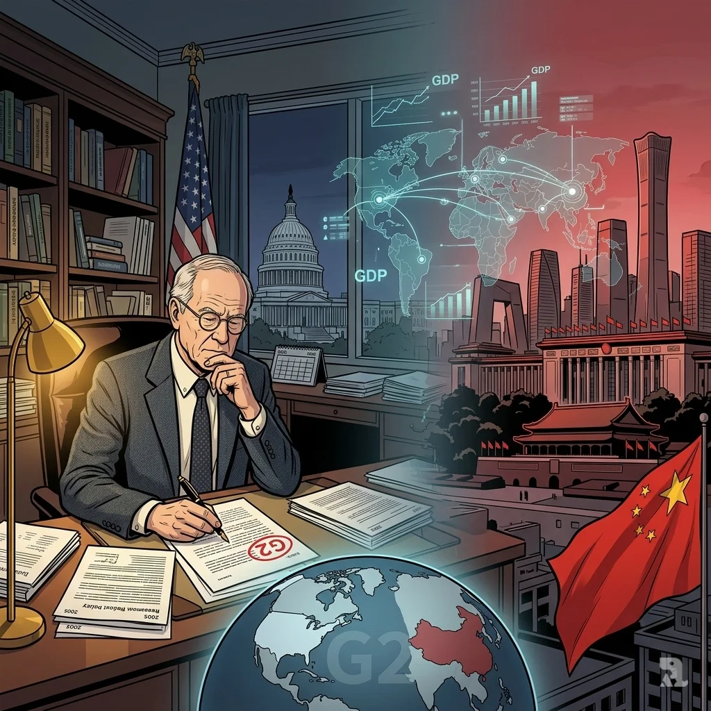 Split-frame view of Washington D.C. economist C. Fred Bergsten at a desk circling "G2" on a 2005 research paper, transitioning to Beijing skyline with holographic world map linking U.S.-China economies in glowing data lines.