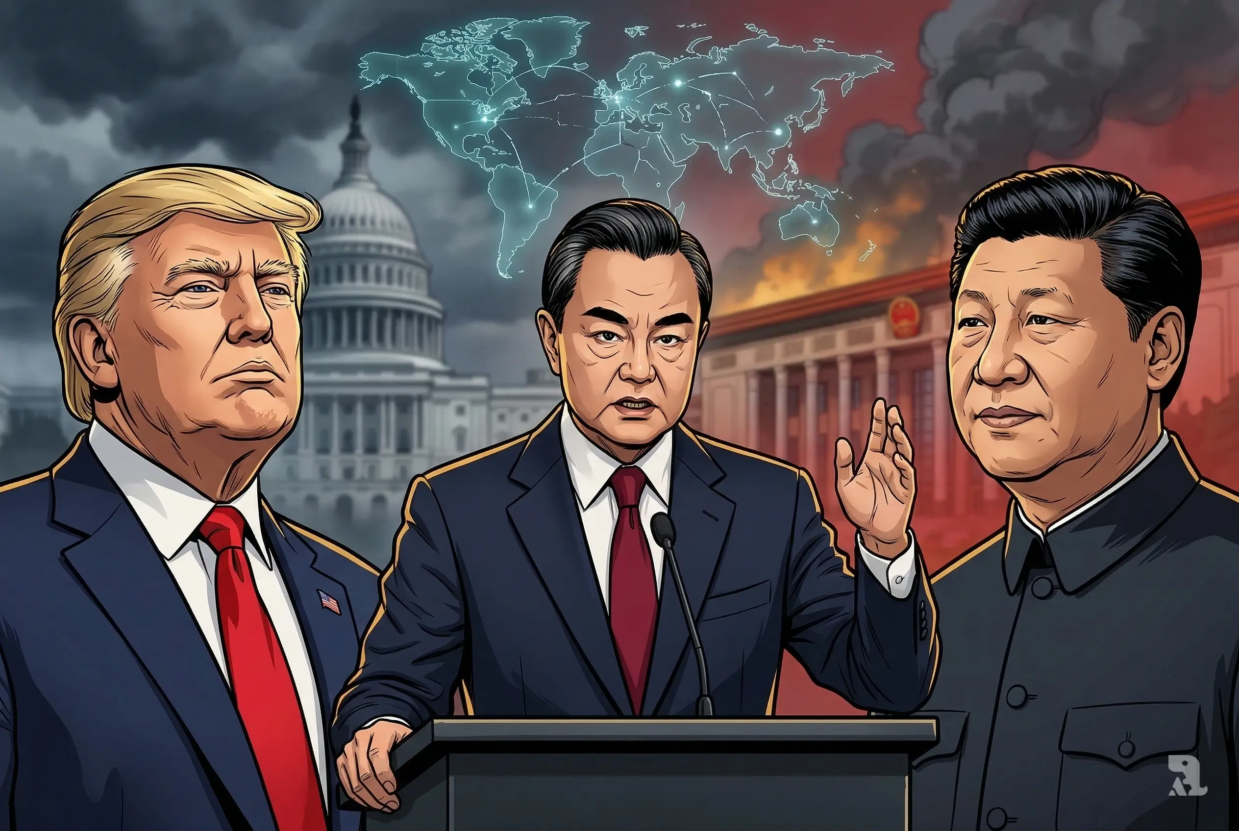 Trump, Xi, and Wang Yi in tense diplomatic standoff, conflict visuals behind, dramatic global power struggle atmosphere, cinematic political documentary style.