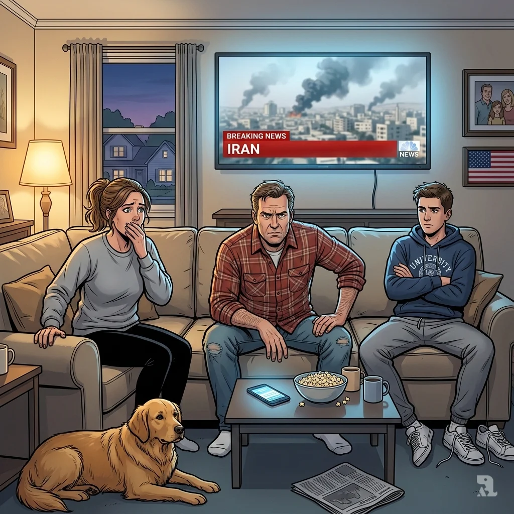 An American family watches breaking news of US military strikes on Iran on their living room television, their faces reflecting shock and concern as a red banner flashes.