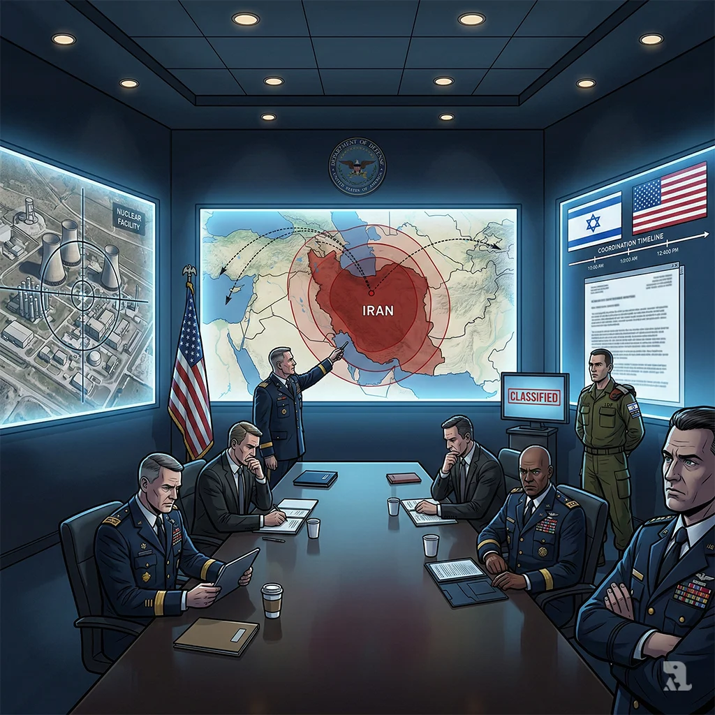 US military generals and officials in a dimly lit Pentagon situation room, observing a large digital map of Iran marked with red threat circles and missile trajectories.