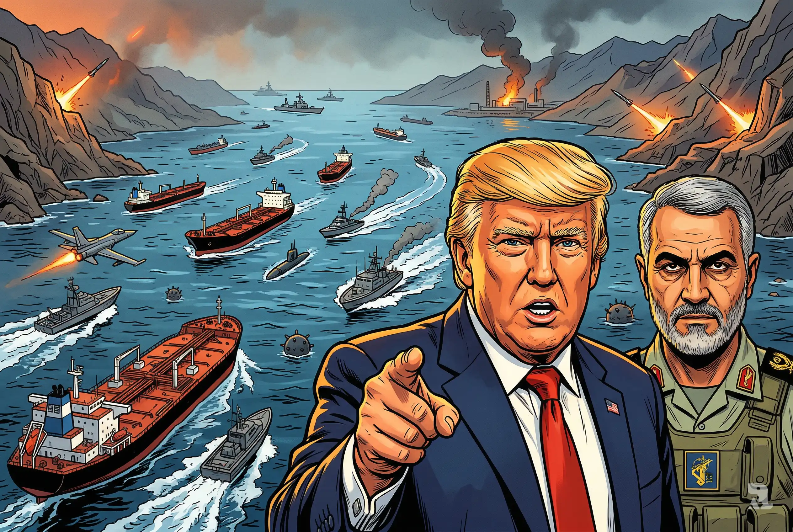 Donald Trump and Iranian commander confront each other as oil tankers, drones, and warships clash in the Strait of Hormuz amid escalating military tension.
