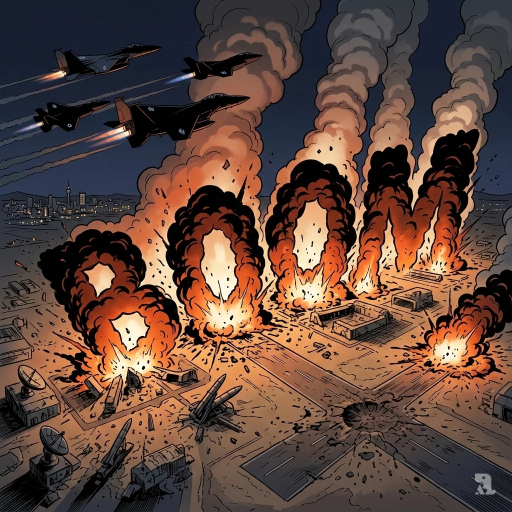 Aerial night view of an Iranian military compound engulfed in massive explosions and smoke. U.S. and Israeli fighter jets fly overhead with afterburners glowing.