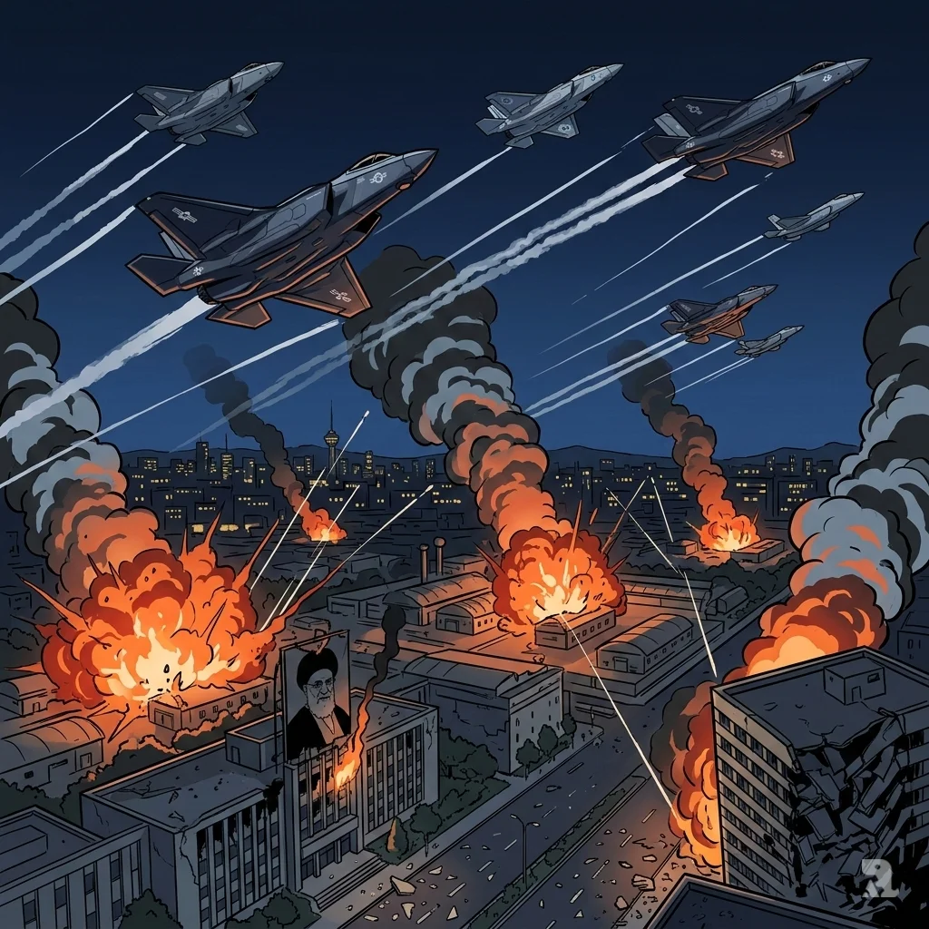 Night aerial view of Tehran under heavy bombardment. U.S. and Israeli jets streak across the sky as massive explosions and fireballs erupt from military sites below.