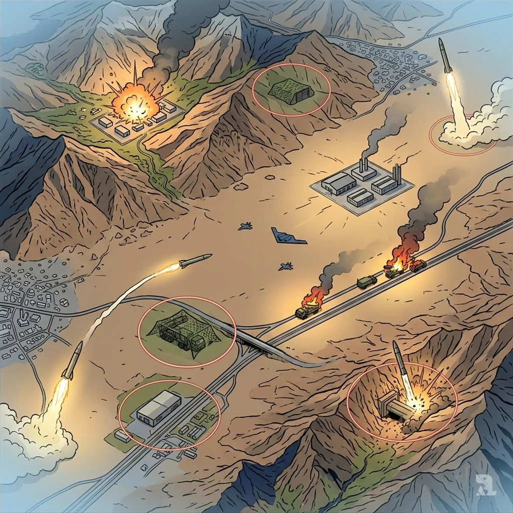 An aerial view of Iran shows U.S. and Israeli airstrikes hitting missile sites, while concealed and mobile launchers remain hidden across the vast mountainous terrain, highlighting the challenge.