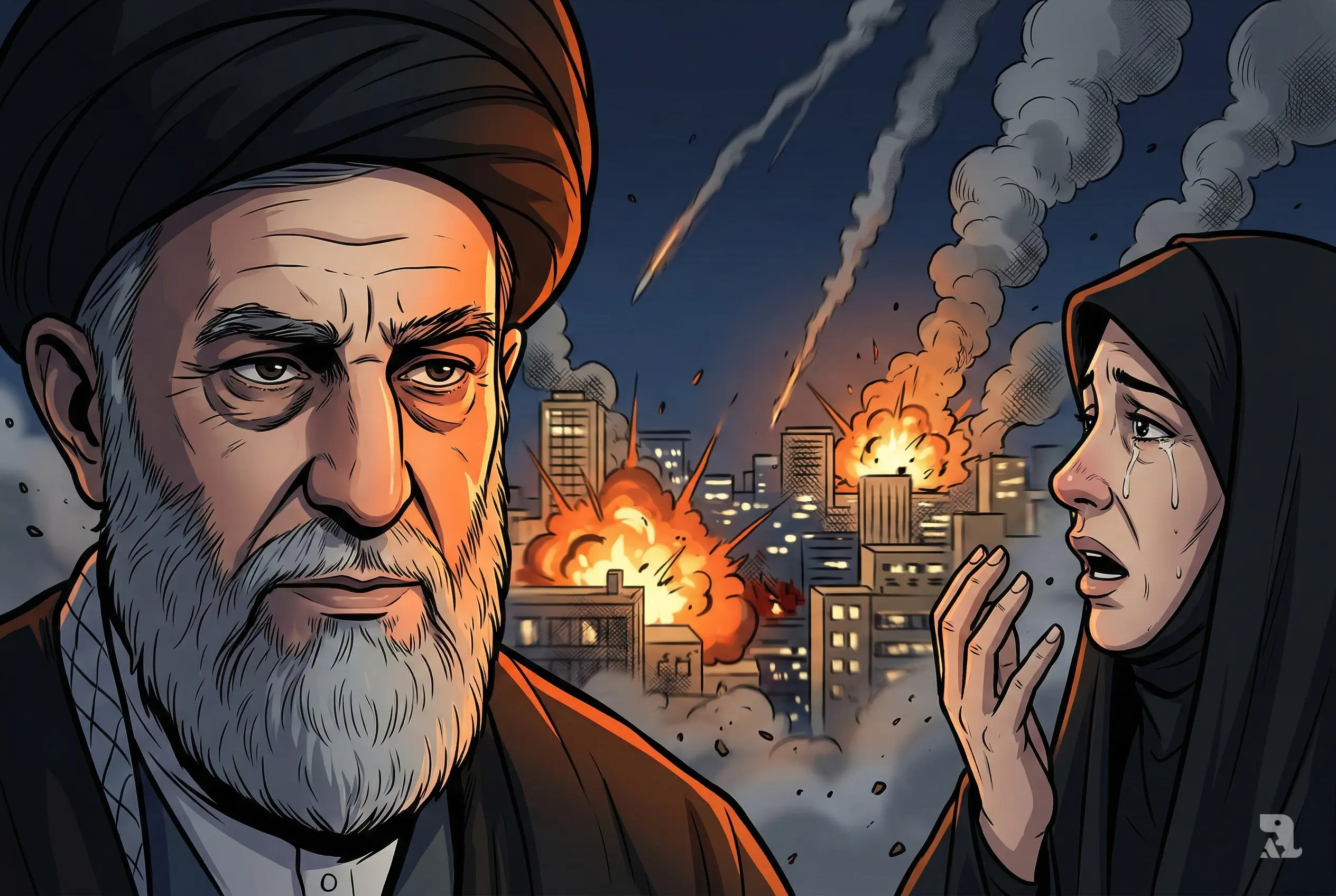 Close-up of Ayatollah Khamenei and grieving Iranian woman with Tehran explosions in background during US-Israel strikes.